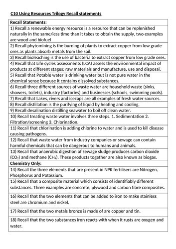 AQA Chemistry C1-C10 Checklists, Recall statements and Recall tests ...