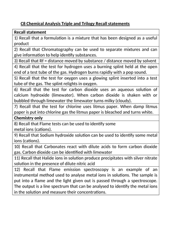 AQA Chemistry C1-C10 Checklists, Recall statements and Recall tests ...