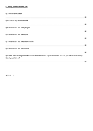 AQA Chemistry C1-C10 Checklists, Recall statements and Recall tests ...