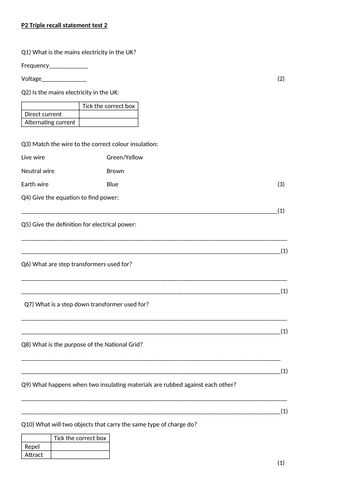 AQA Physics P1-P8 Checklists, Recall statements and recall tests ...