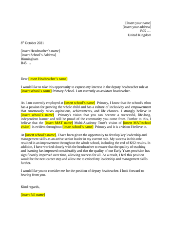example application letter for deputy headteacher