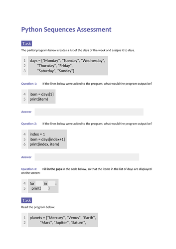 Python Assessment | Teaching Resources