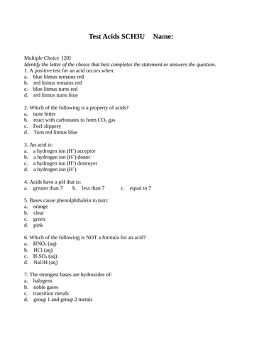 6 ASSESSMENTS Acids and Bases Quiz & Test Package Grade 11 Chemistry Ver. #1