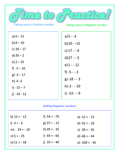 Subtracting and Adding Negative Numbers