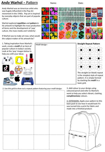 Pop Art Worksheet, Cover Lesson or Homework Activity Bundle | Teaching