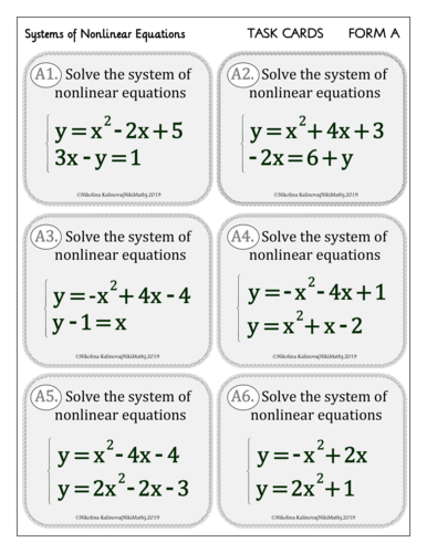 Nonlinear Systems of Equations - Practice 2 Forms & Matching Activity ...