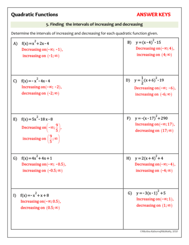Quadratic Functions - 66 PRACTICE Problems CLASSIFIED into 7 categories ...