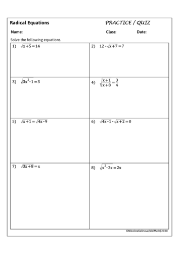 Radical Equations - 14 Review Problems/Independent Practice/Quiz/HW ...