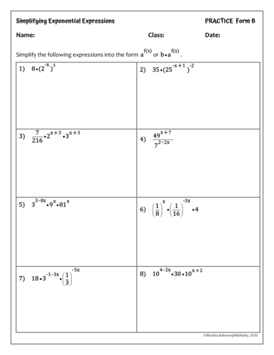 Simplifying Exponential Expressions - Practice Sheets (4 forms) - 32 ...