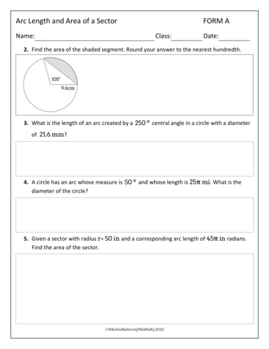 Arc Length and Area of a Sector - Practice A & B