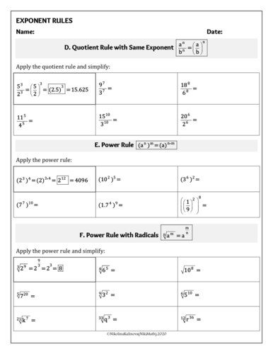 Laws of Exponents/Exponent Rules - Practice - 121 examples into 17 ...