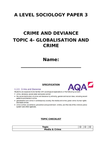 AQA Sociology Crime and Deviance Topic 4 Booklet and Handout | Teaching ...