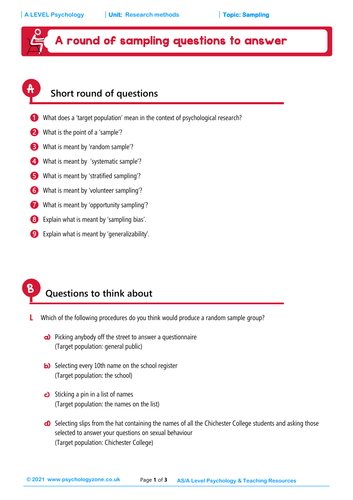 AQA Psychology: Research Methods: Sampling | Teaching Resources