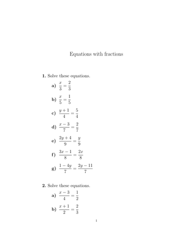 Equations with fractions (introductory) worksheet (with solutions ...