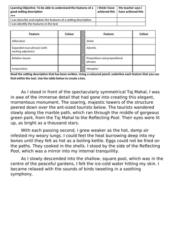 Identifying features of a setting description (Taj Mahal)