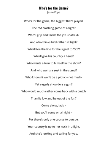 Who's for the Game? - Jessie - World War Poetry | Teaching Resources