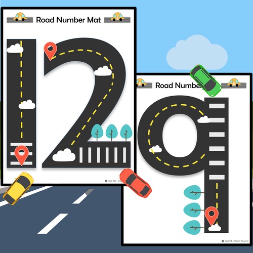 Road Number Mats 0 - 20, Road Number Tracing activities worksheets, Car ...