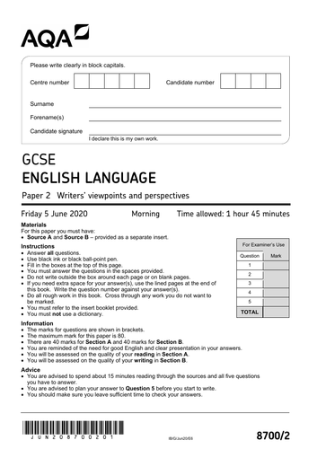 AQA English Language Paper 2 November 2020 Q3 4 5 Teaching Resources