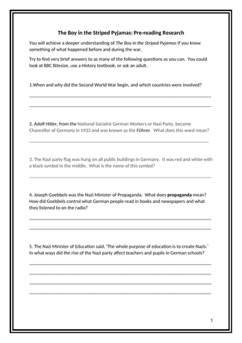 The Boy in the Striped Pyjamas: Pre-reading Research | Teaching Resources