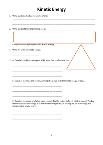 KS4 GCSE Physics: Kinetic Energy, KE, Formula Worksheet with questions ...