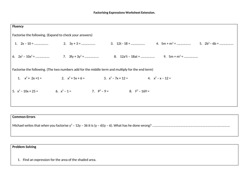 Factorising Expressions Mastery Worksheet (2 Differentiated) Teaching