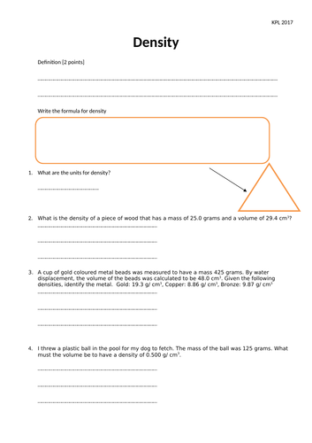 KS4 GCSE Physics: Density Formula Worksheet with questions and answers ...