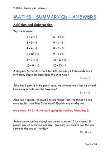 y1-maths-summary-qs-teaching-resources