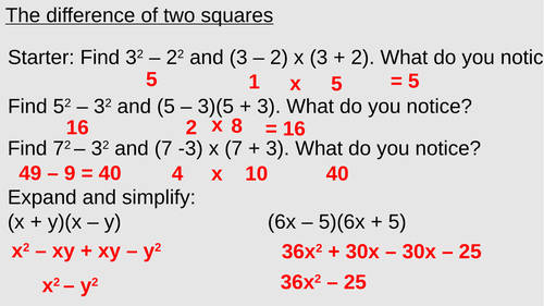 The Difference of Two Squares | Teaching Resources