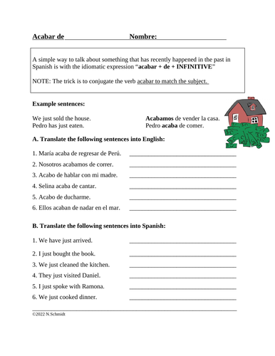 Acabar de + Infinitive Worksheet