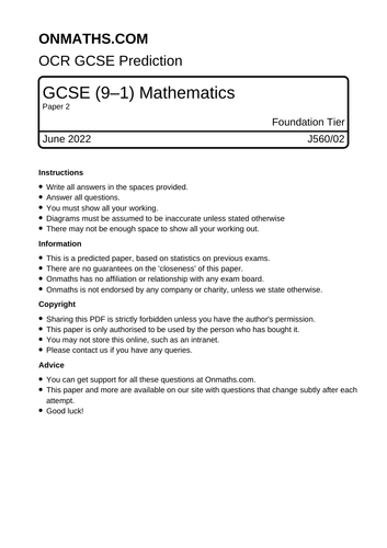 Advance Information Maths GCSE OCR 2022 June Paper 2 Foundation ...