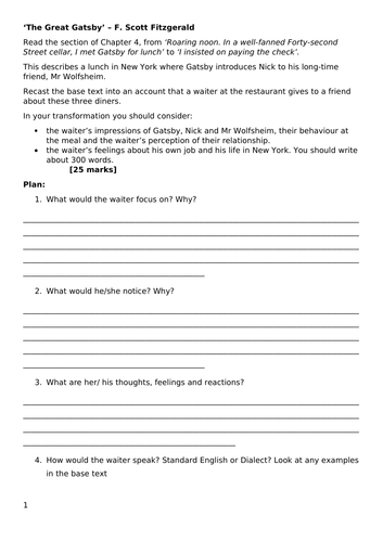 The Great Gatsby Recast Worksheet | Teaching Resources