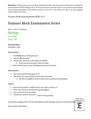 Mock Exam - Edexcel IGCSE Biology Paper 2B | Teaching Resources