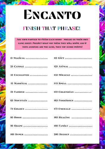 Encanto Movie Inspired Finish That Phrase Game Sheet