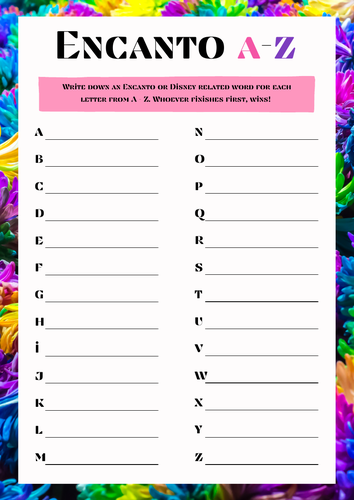 Encanto Inspired A-Z Movie Fun Game / Worksheet. Great Lesson Filler