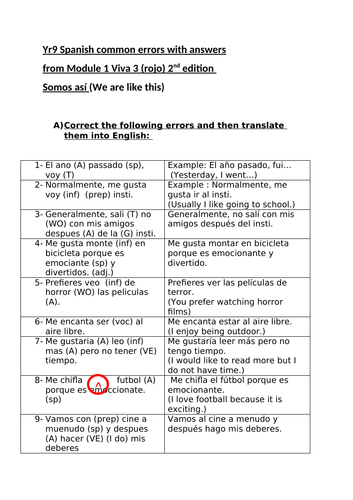 Common Errors In Spanish Especially Related To Viva 3 rojo 2nd 
