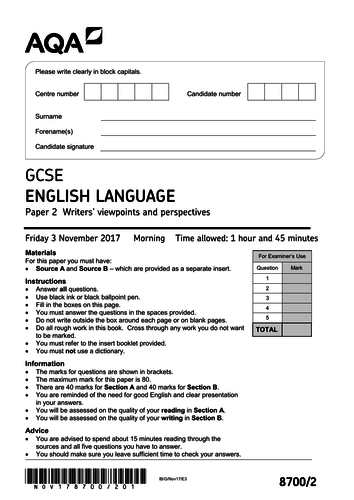 AQA GCSE English Language Paper 2017 Revision - The Other Side of the ...