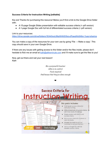 Success Criteria for Instruction Writing | Teaching Resources