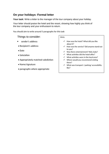 Functional skills - Holiday letter