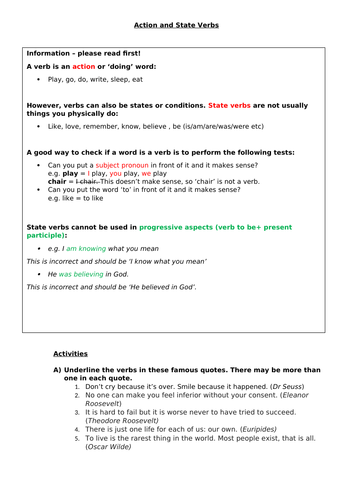 Verbs Ks3 Worksheet