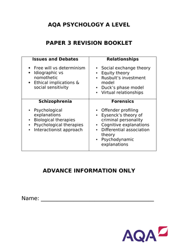 AQA PSYCHOLOGY ADVANCE INFO REVISION BOOKLET PAPER 3 | Teaching Resources