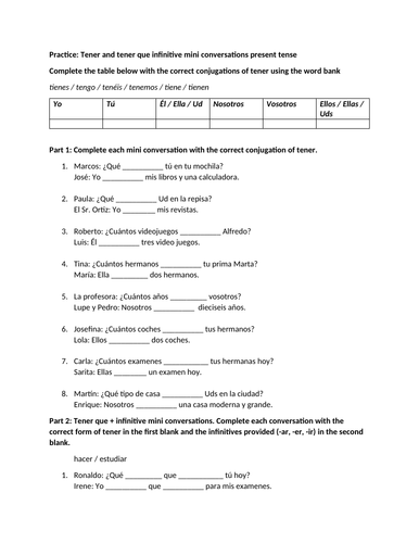 Tener And Tener Que Infinitive Conversation Worksheet Teaching Resources