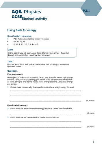 AQA NEW Spec P3.1 Energy Demands | Teaching Resources