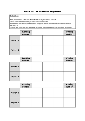 Geometric Sequences Dice Game | Teaching Resources