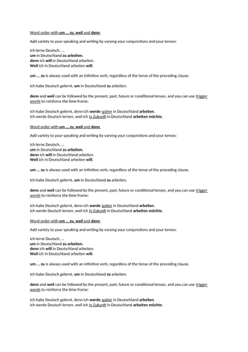 Word order with um … zu, weil and denn | Teaching Resources