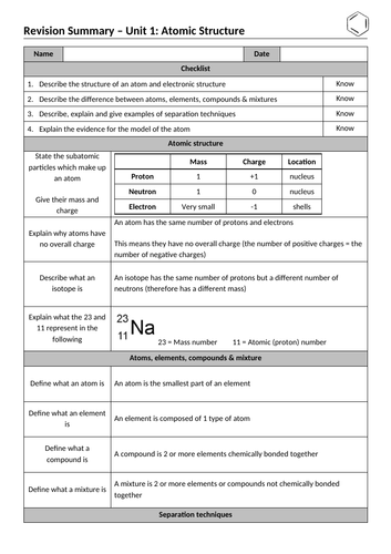 Chemistry - Unit 1: Atomic Structure Revision Summary Worksheets