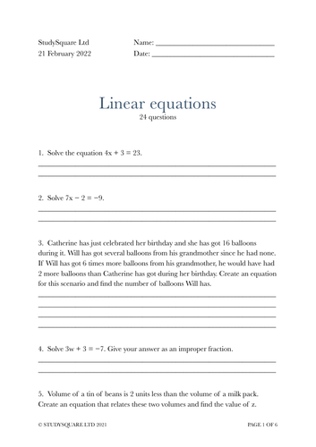 SQA National 5 Maths Linear equations Slides, Worksheet, Mark-sheet ...