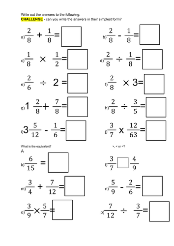 Four Operations Fractions Worksheet (with answers) Teaching Resources