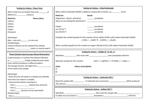 Tests for Cations/Anions (Flame Test/Emission Spectroscopy/Halide/Sulfate/Carbonate)