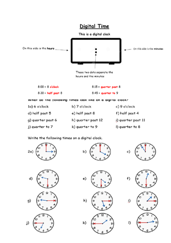 Digital Time - o'clock, half past, quarter past, quarter to | Teaching ...