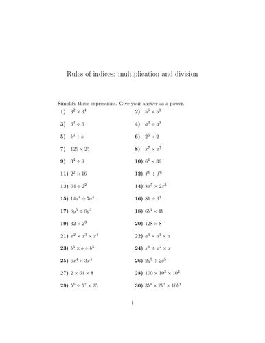 Rules of indices: multiplication and division worksheet no 2 (with ...